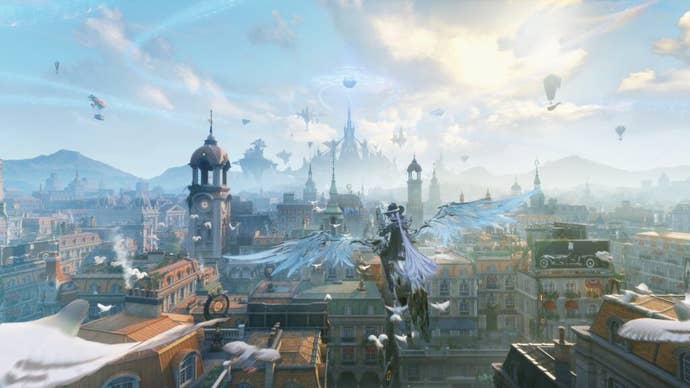 A winged anime miss flying implicit the rooftops of a majestic Victorian metropolis nether a cloudy bluish sky