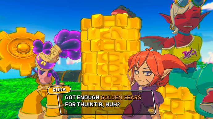 A demon princess and her demon pals sitting by a big pile of gold objects on a tropical island in Demon Tides.
