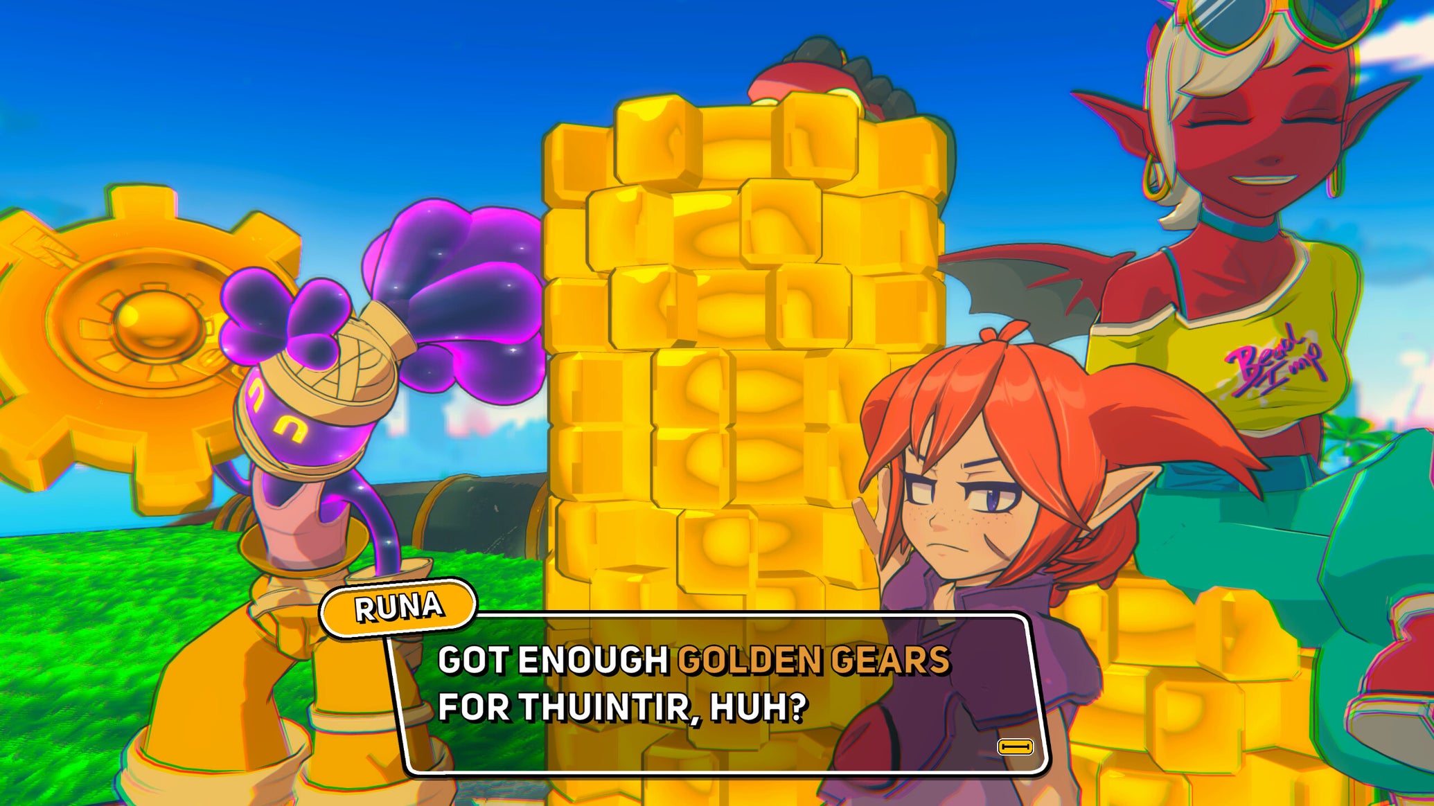 A demon princess and her demon pals sitting by a big pile of gold objects on a tropical island in Demon Tides. - 1