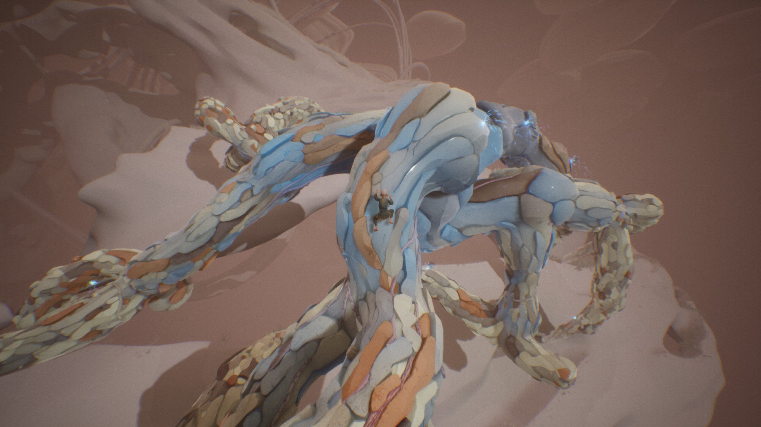 A screenshot of Chasing the Unseen, showing the player climbing on a &ldquo;mangrove creature&rdquo;.