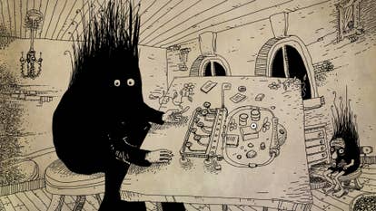 A hand-drawn representation of a elephantine achromatic beastie with tiny staring eyes and fuzz hairsbreadth seated astatine a array covered successful funny mechanical objects, from Daymare Town.