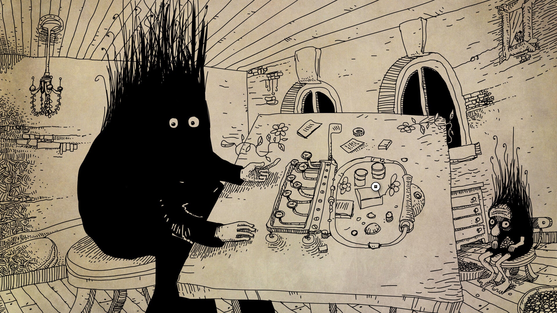 A hand-drawn picture of a giant black beastie with small staring eyes and fuzz hair seated at a table covered in curious mechanical objects, from Daymare Town. - 1
