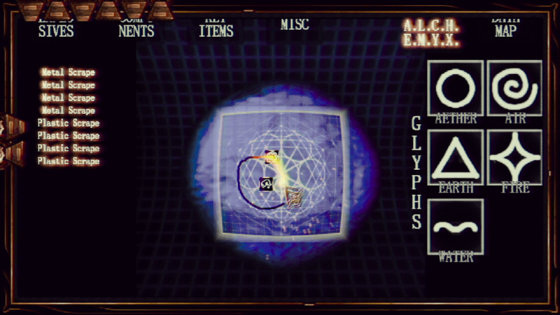 A crafting screen with a set of drawable glyphs on the right, a list of materials on the left, and a swirling blue composition chamber in the middle. - 1