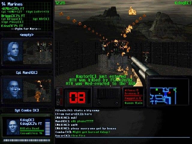 A player fighting Aliens with a shotgun in online shooter Aliens Online, with a squad headcam feed and chatbox