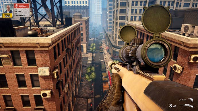 A first-person view of somebody holding a rifle while looking down at a bustling city road, from the video game Snipers At Work