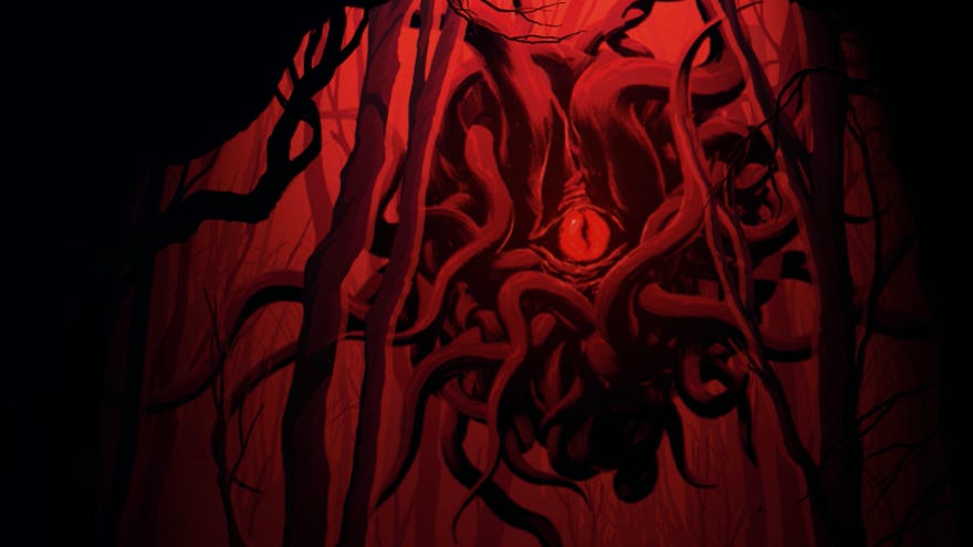 A horrible monster tree that looks like a giant eye with tentacles in Roots Devour