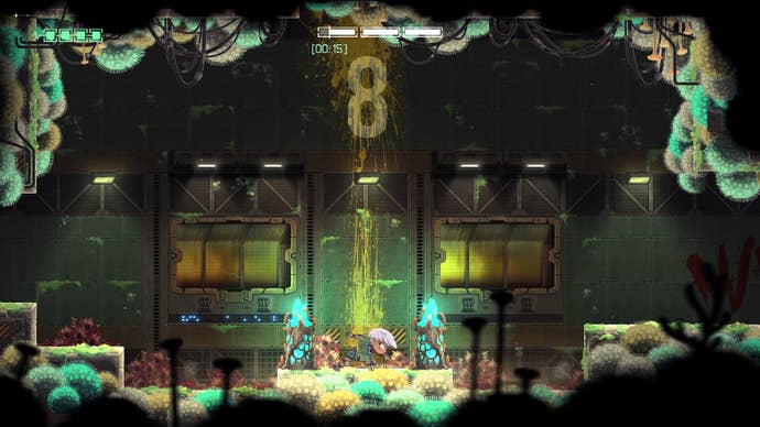 The titular weaver standing in a spawning room surrounded by fungus in Echo Weaver