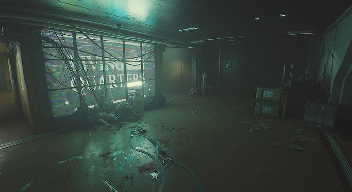 A gloomy changeable of a abstraction presumption interior with a spacesuited assemblage slumped against a cracked wall-sized Living Quarters sign. From the video crippled Routine.