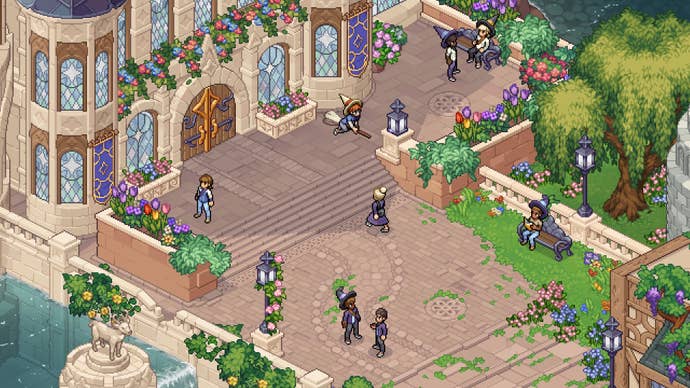 A bunch of trainee witches and warlocks in pointy hats standing in the grassy courtyard outside a school in Witchbrook