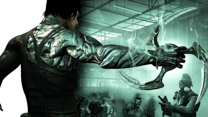 A man in a mutant suit with a three-bladed boomerang in Dark Sector
