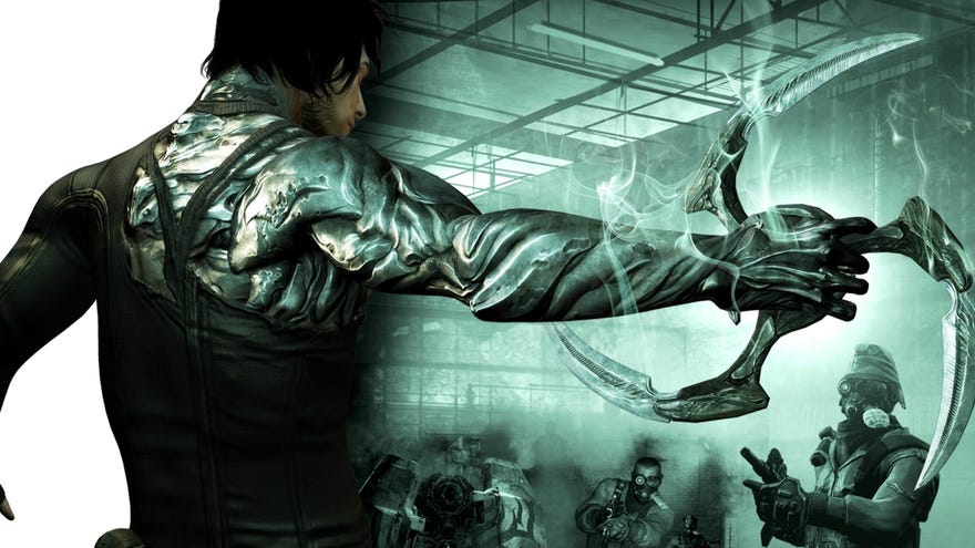 A man in a mutant suit with a three-bladed boomerang in Dark Sector