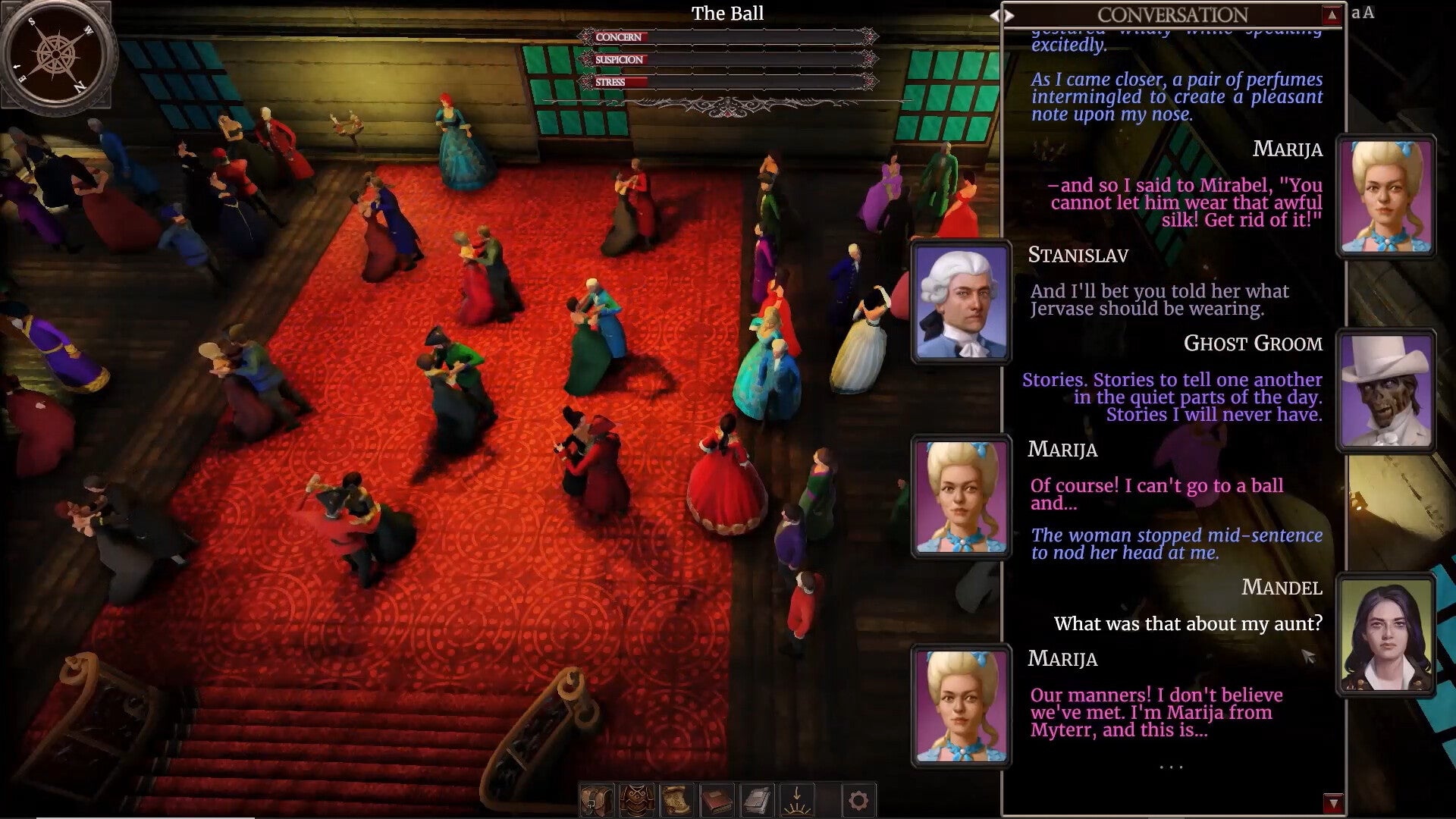 A top-down scene of a ball in 3D open world RPG The Necromancer's Tale, with a roll of dialogue on the righthand side. - 5