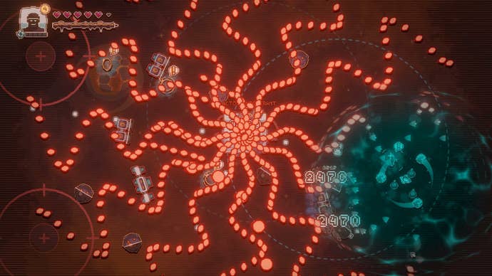 A screenful of snaking projectile patterns successful slug hellhole shooter Astro Prospector