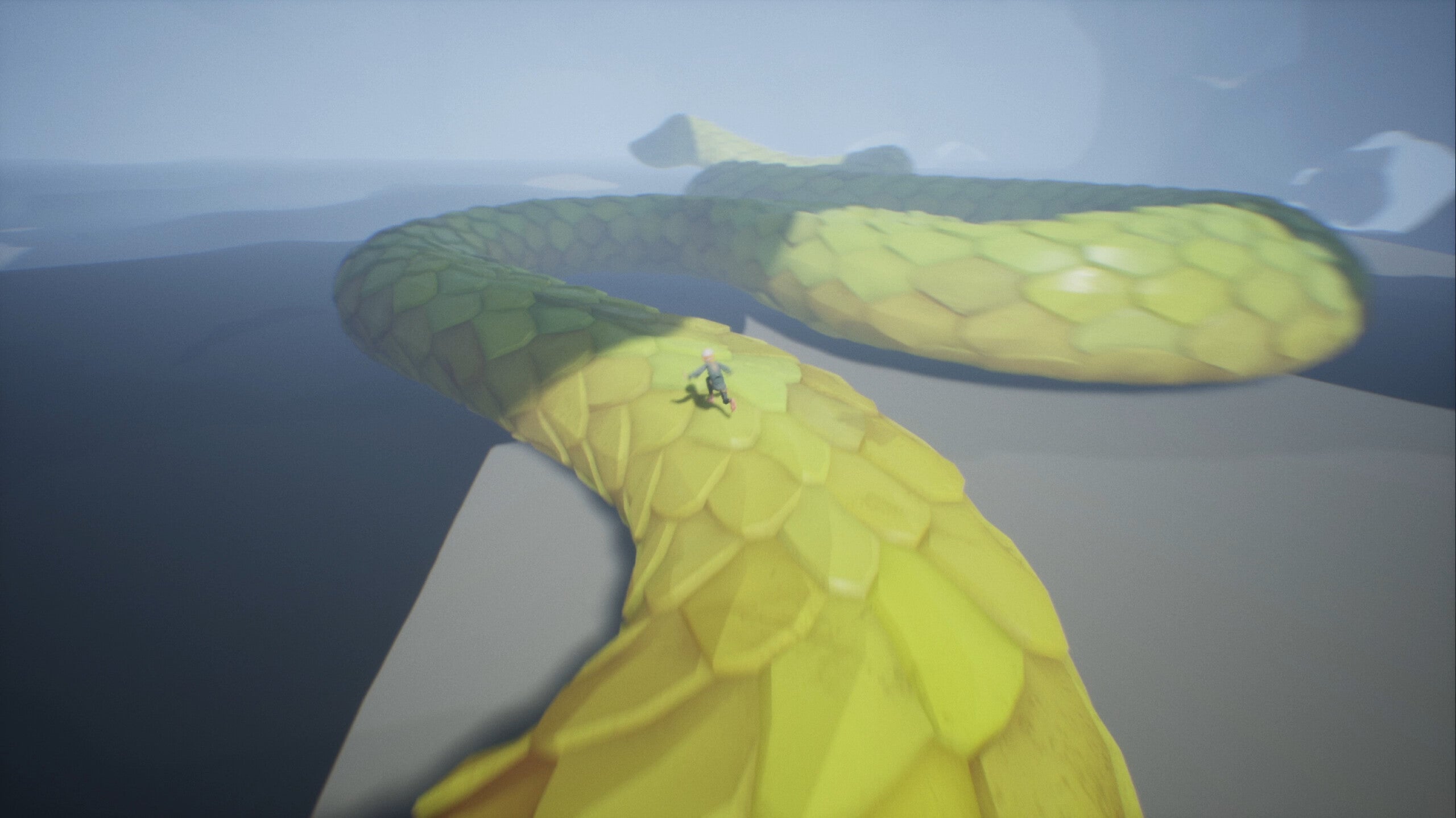 A little boy in abstract exploration game Chasing The Unseen riding a huge golden snake