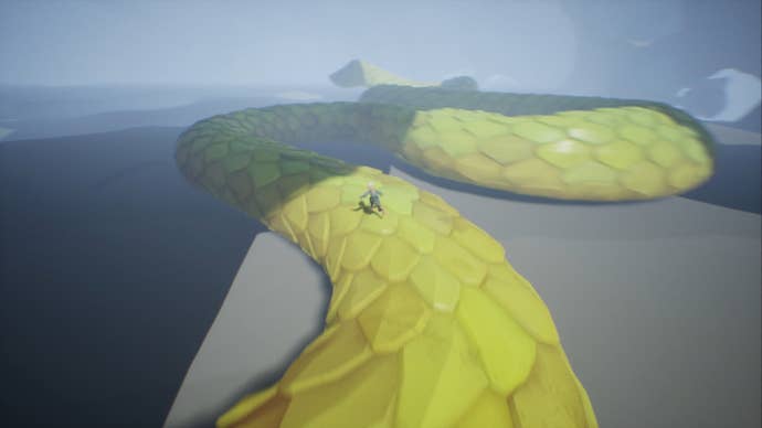 A little boy in abstract exploration game Chasing The Unseen riding a huge golden snake