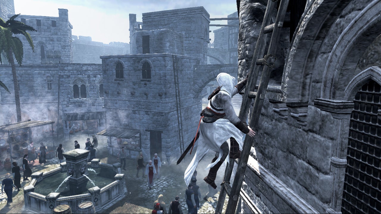 An assassin a white hood scaling a ladder up a building wall in the original Assassin's Creed - 3