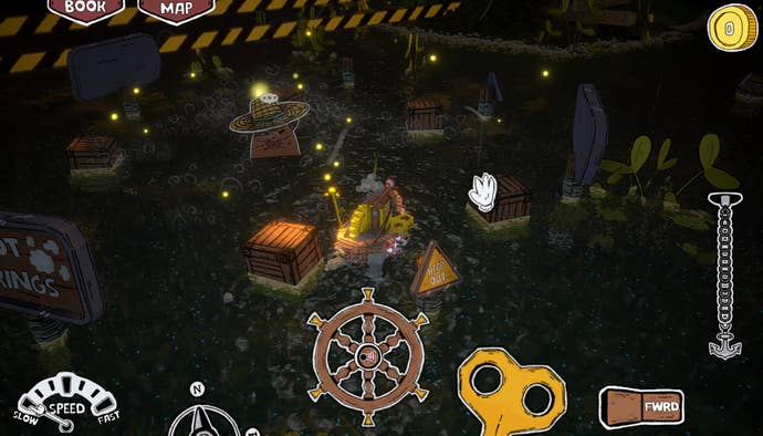 A screenshot of Completely Fictional Story About a City Inside a Whale, showing a wind-up toy boat in a dim patch of water with floating crates and a cartoon critter.