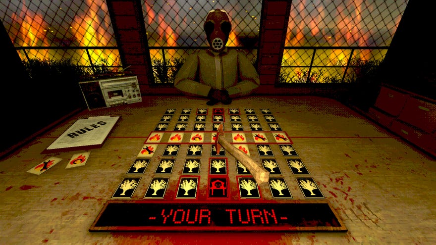 A table covered with tree and fire cards with a sinister masked figure at the far end, in the horror game Arsonate