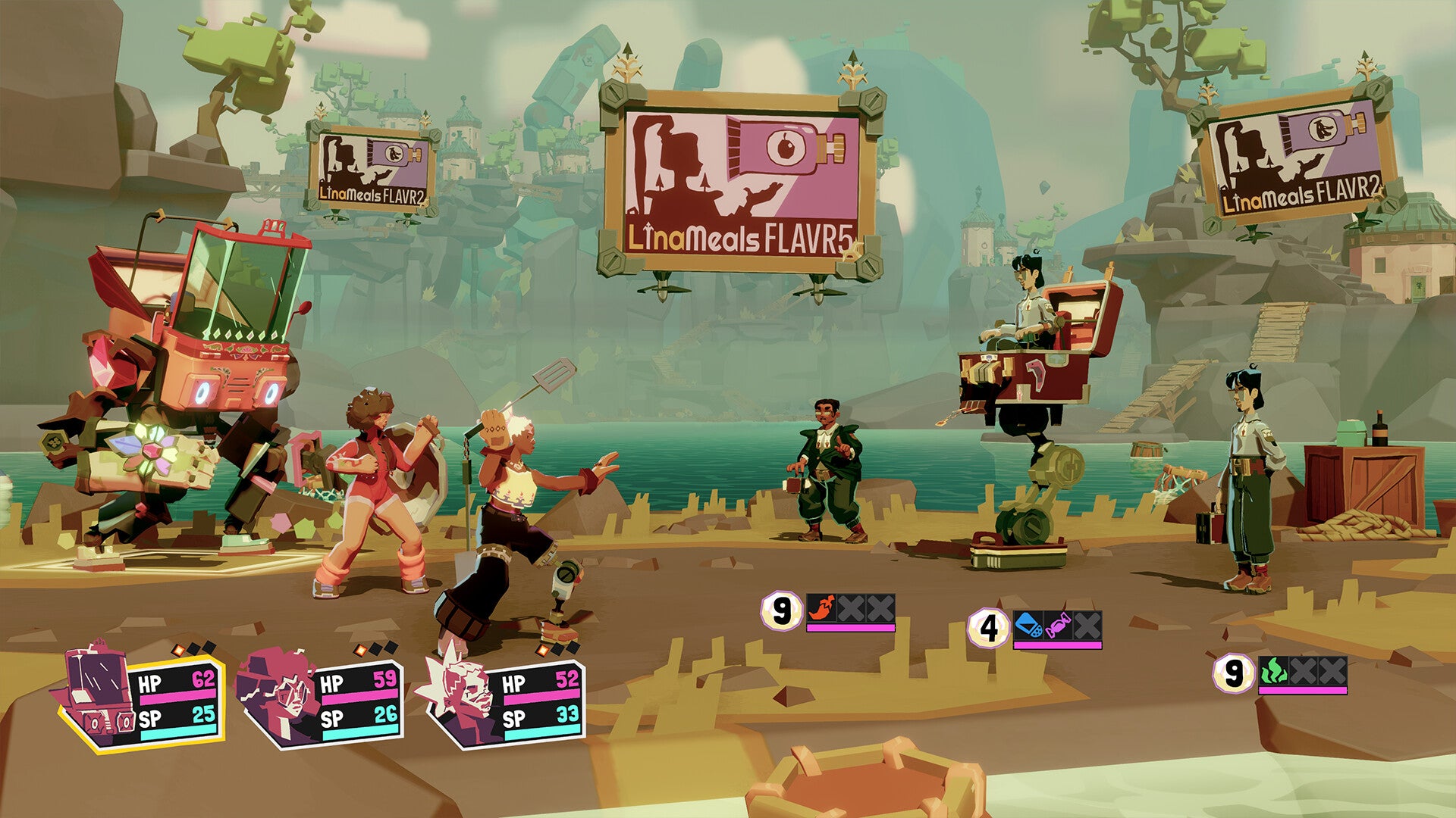 A battle in Dosa Divas, showing a mech and two women brandishing cooking implements at a bunch of slick and sinister corporate types with suits and briefcases. - 5