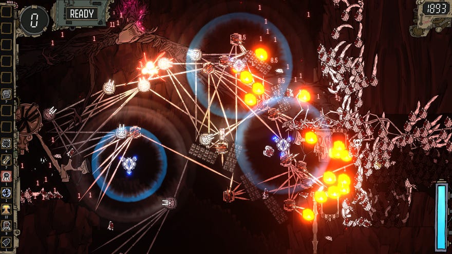 A set of terrible turrets blazing away at swarms of squidgy underground predators in Cleanfall