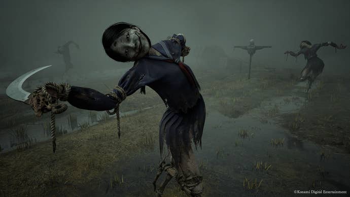 A scarecrow schoolgirl with a nasty grin and a curved blade, recovered successful a mucky tract successful the mist. From Silent Hill f.