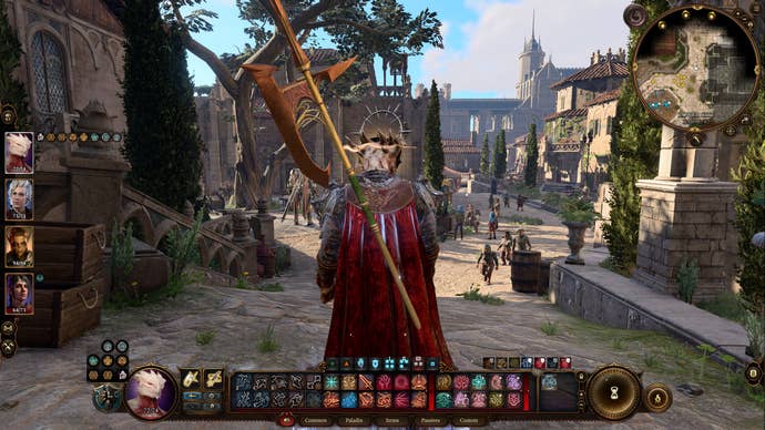 A screenshot of Baldur’s Gate 3 with a modded third-person camera, showing the city streets from ground level.