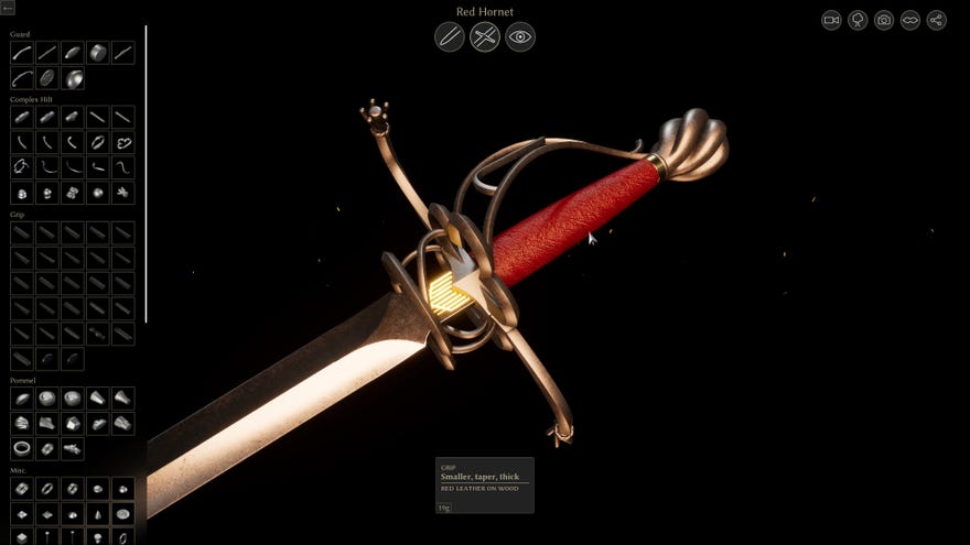 A close-up of a red and golden sword hilt in Bladesong
