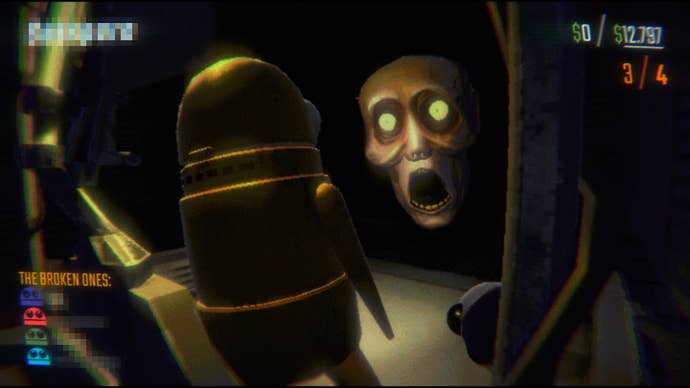 A spooky human face with yellow eyes leering out of the darkness at a robotic player character in R.E.P.O.