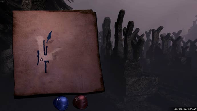 A screenshot of Engraving showing the player doodling on a map against a backdrop of shadowy finger-shaped objects