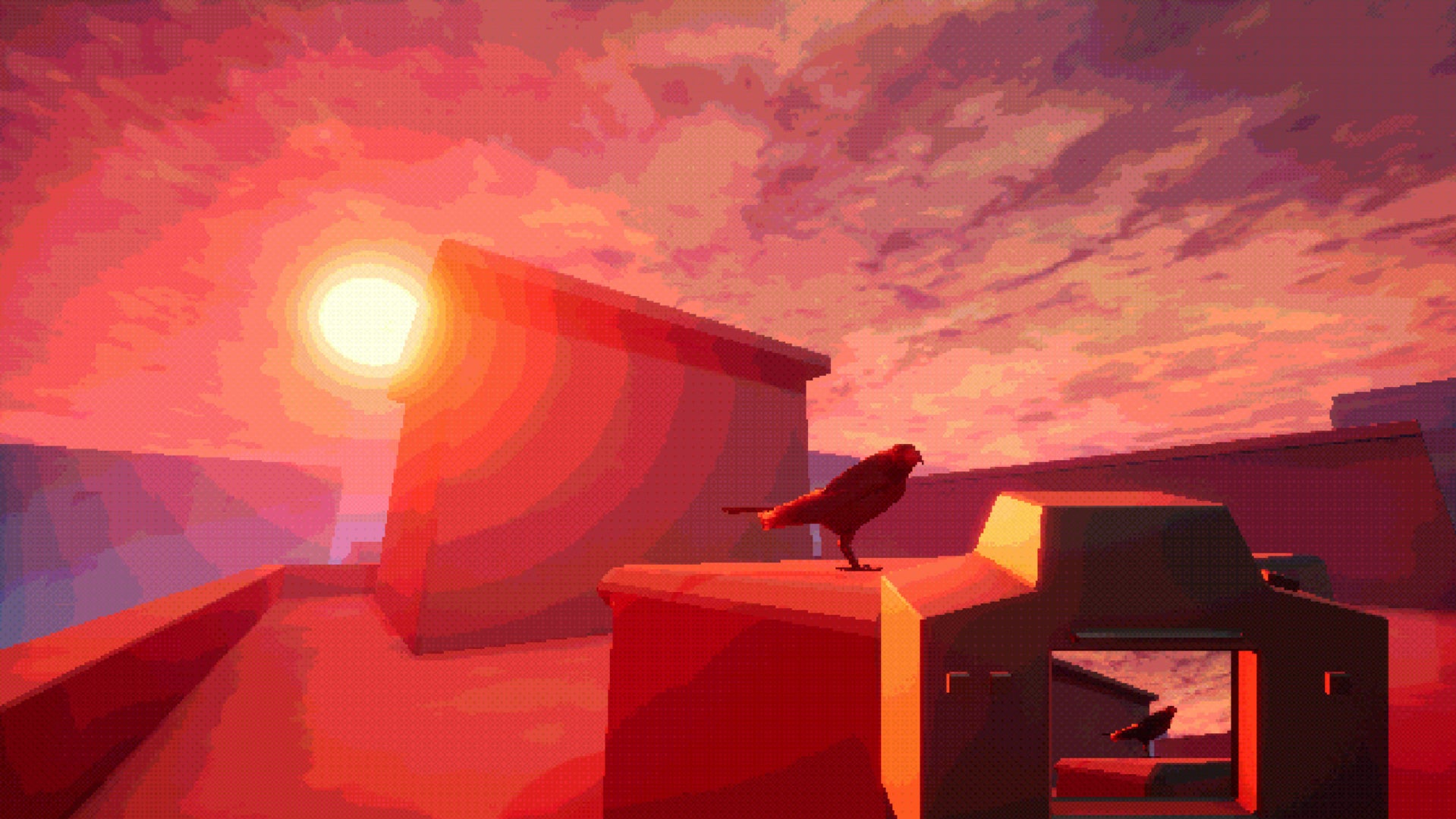 A first-person screenshot of a bird with a camera in the bottom right of the image, taken on a rooftop with some blocky structures under a blazing sun - 1