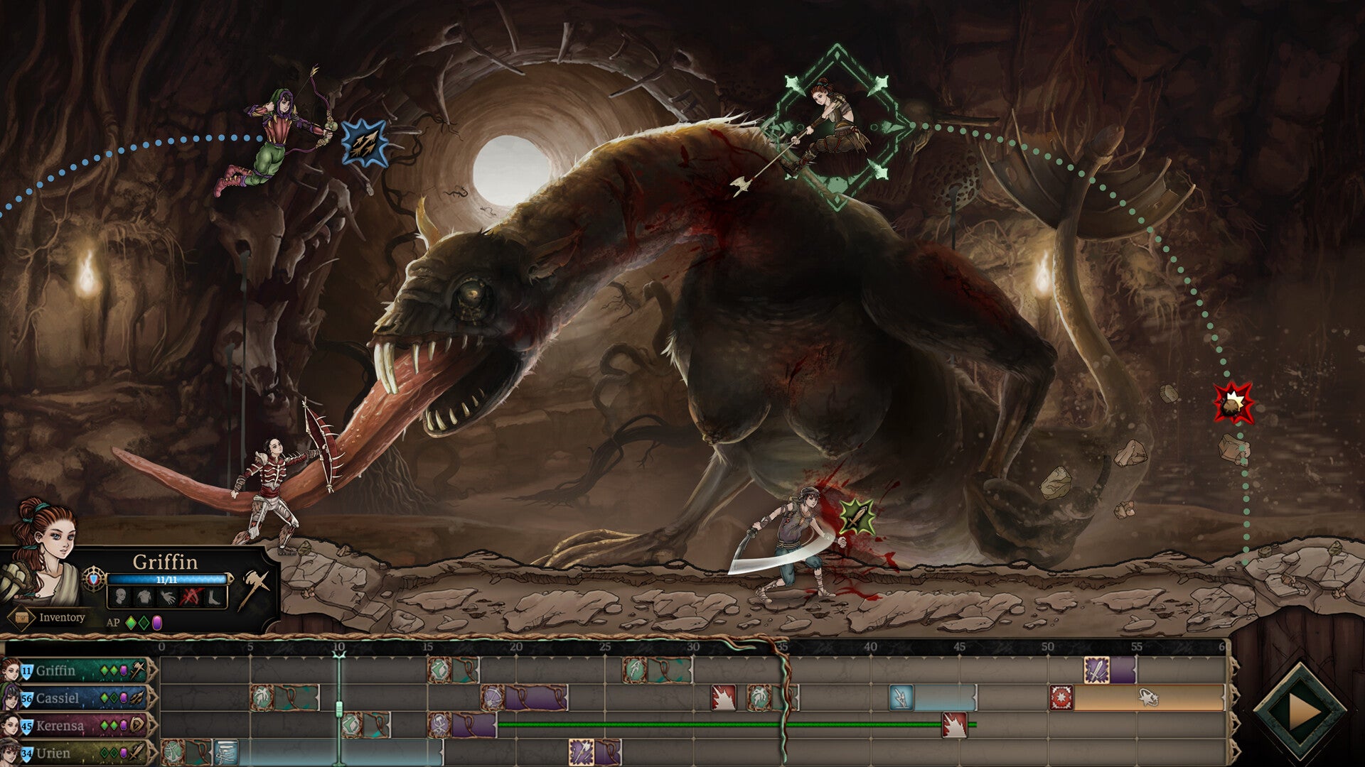 A screenshot of hunters in Tarnished Blood jumping around a huge rat monster, with actions and movements plotted out on a timeline at the bottom - 1