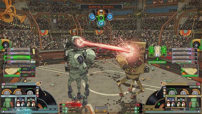 A robot boxer shooting a laser beam at another in atompunk autobattler Electro Bop Boxing League