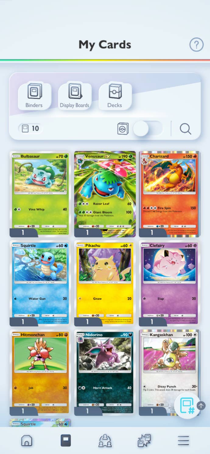 A collection of cards in The Pokemon Trading Card Game Pocket.