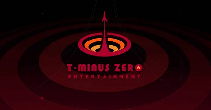 The logo for T-Minus Zero Entertainment, showing the company's rubric positive a reddish and yellowish illustration of a rocket vessel shooting retired of concentric circles.