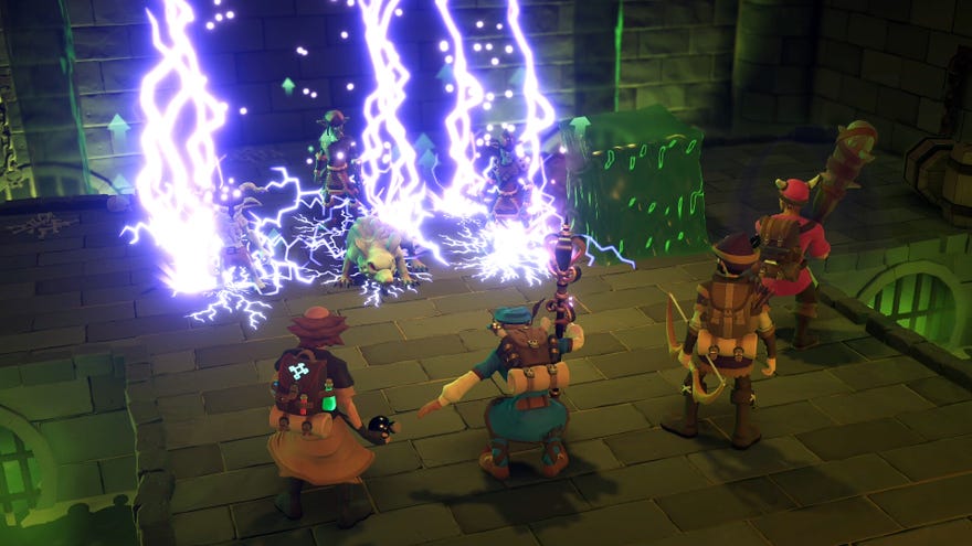 A For The King 2 screenshot showing a party of player characters casting lightning magic at some undead enemies in a sewer-type environment.