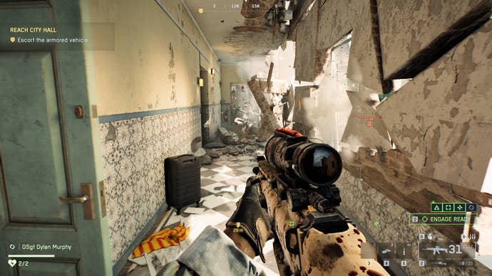 A screenshot of Battlefield 6, showing the player running through a collapsing corridor.