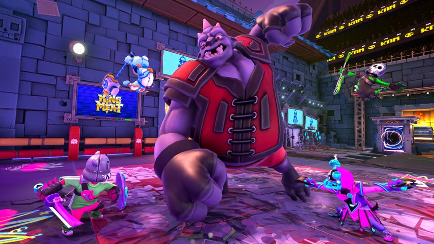 A big purple troll fighting little warriors in King Of Meat