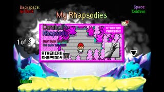 A customisable "Rhapsody" postcard created by completing a playthrough of Athenian Rhapsody