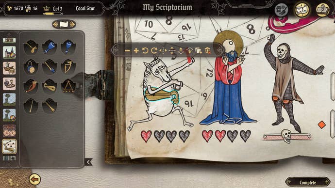 An editing paper for a medieval illustration featuring skeletons, saints and donkeys, from the manuscript-painting sim Scriptorium