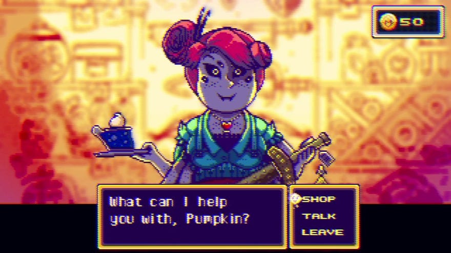 Your mother in retro-modern RPG Crystal Story, asking you if you want to talk or shop for something