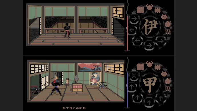 A splitscreen view of 80s pixelart ninjas investigating a daimyo’s castle for treasure