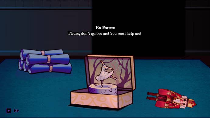 A wind-up dancer toy in Toy Box begging you for mercy