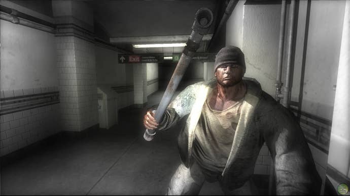 A guy with a pipe menacing you in a hallway in Condemned: Criminal Origins