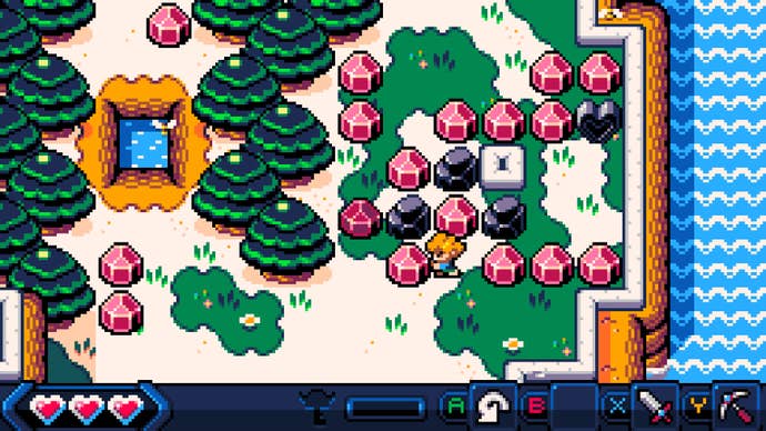 A scene from Zelda homage Castaway, showing the player character moving blocks around an 8-bit island coast