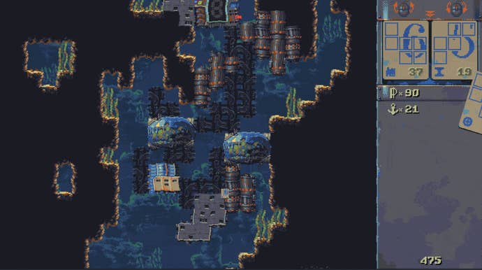 A 2D block-based underwater city, extending down an water shaft with seaweed and fish