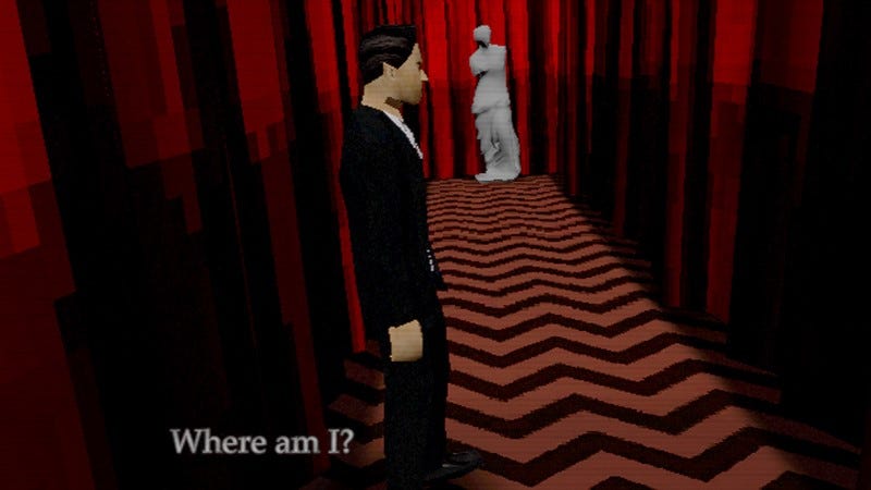 A screenshot of an unofficial Twin Peaks adaptation from Blue Rose Team, showing a red-carpeted hallway.
