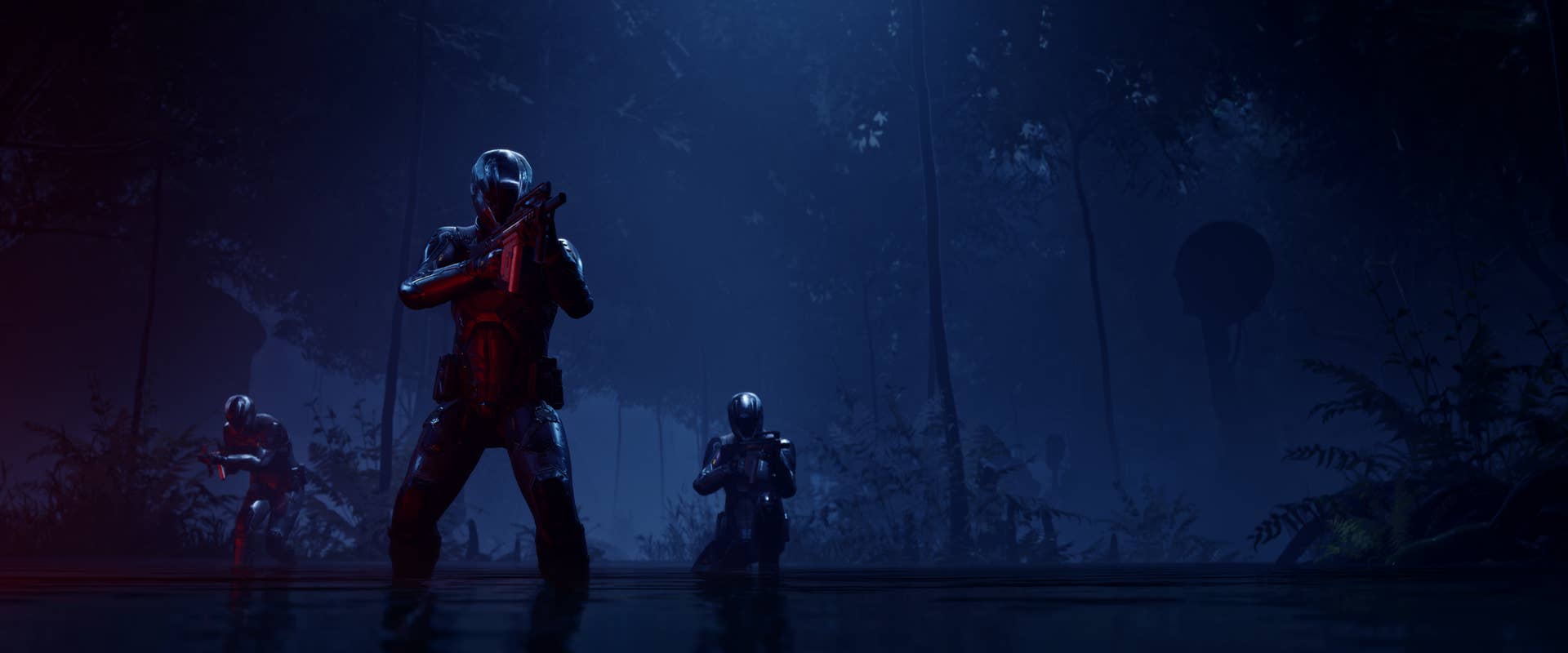 A trio of soldiers stand and scout a midnight-blue area in Eve Vanguard