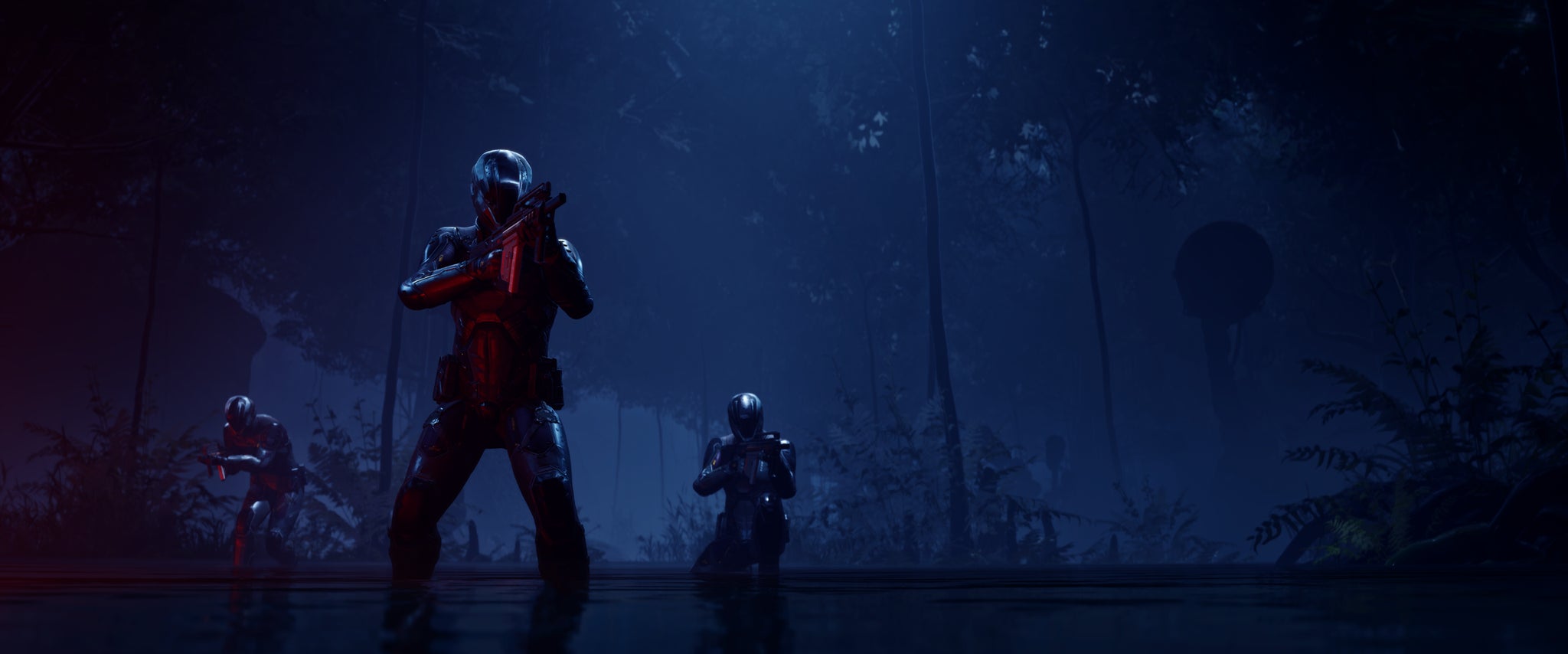 A trio of soldiers stand and scout a midnight-blue area in Eve Vanguard - 4
