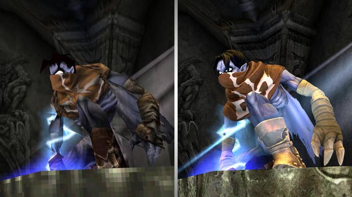 A before and after comparison image from the Soul Reaver remake, showing protagonist Raziel crouching in his cape with his arm wreathed in magical energy
