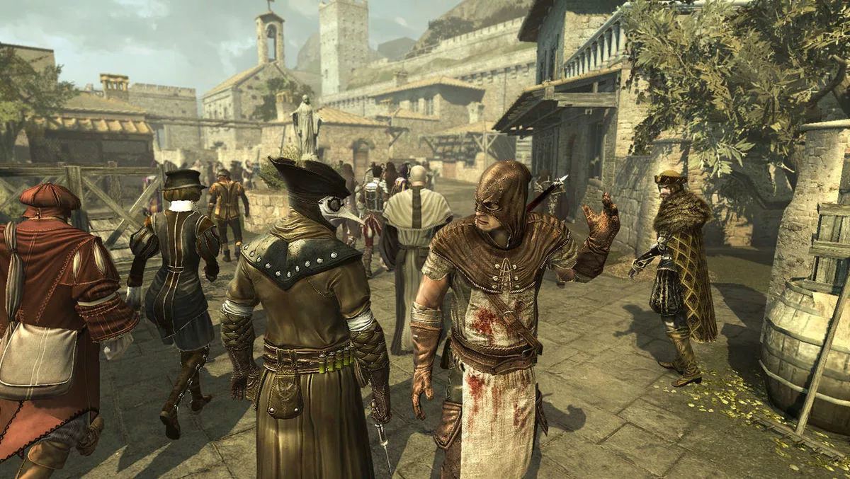 A crowd of characters walking past each other in Assassin&rsquo;s Creed Brotherhood. In the foreground, an executioner in a hood appears to be reaching for his axe.